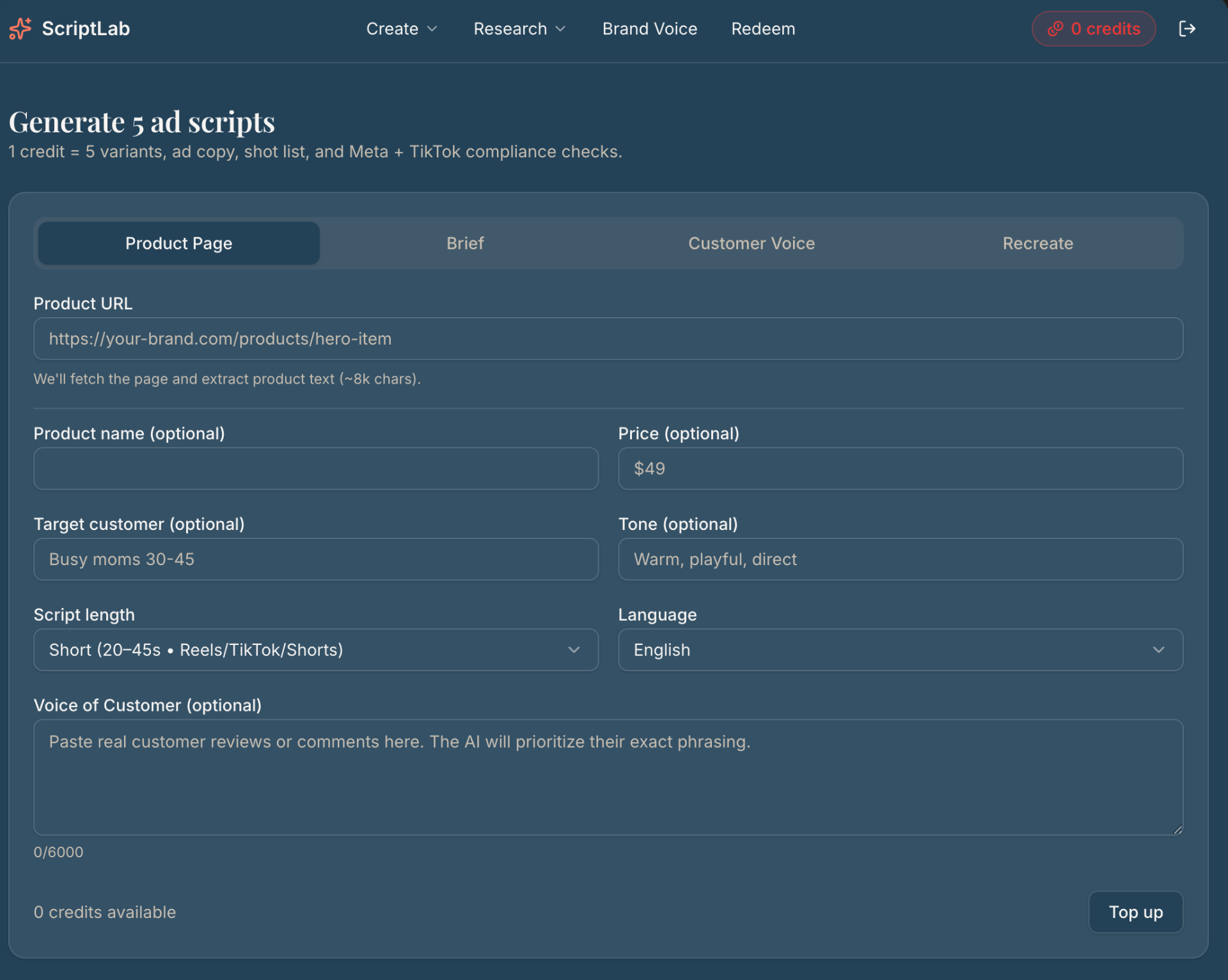 ScriptLab generator — paste a product URL, get 5 scored scripts