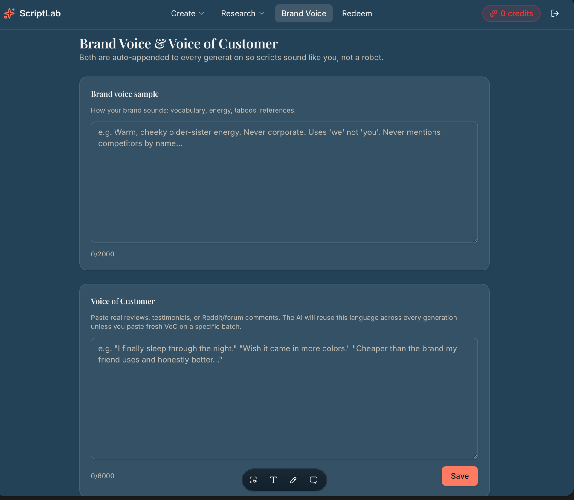 ScriptLab Brand Voice & Voice of Customer settings